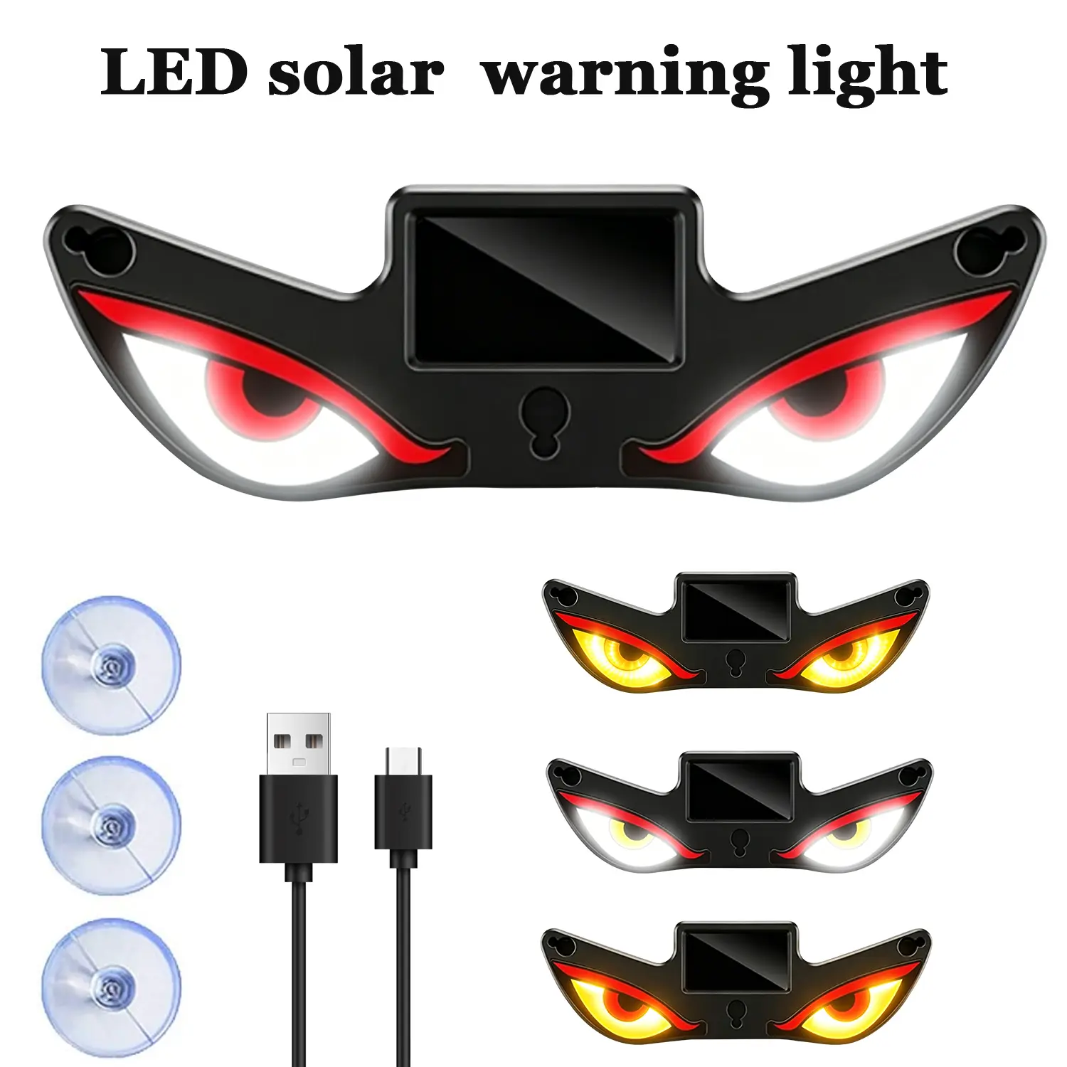 Solar Devil Eye Car Warning Light - Dual Solar & Type-C Charging Dynamic LED Strobe Lamp with Strobe Mode, Window Mount, Car Lighting, Emergency Lights for SUV Truck RV Van, Vehicle Accessories, Emergency Lights For Vehicles