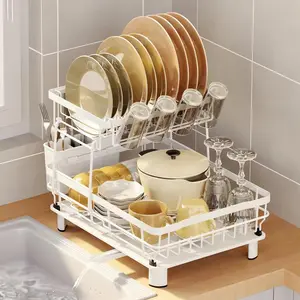 2-Layer Dish Drying Rack with Drip Board - Space-Saving Kitchen Counter Dish Drainer for PlatesBowls Cups & Utensils - Rust-Resistant Metal lronConstruction - Automatic Drainage System - NoTools Needed - Organize & Dry Dishes Efficiently -Kitchenware