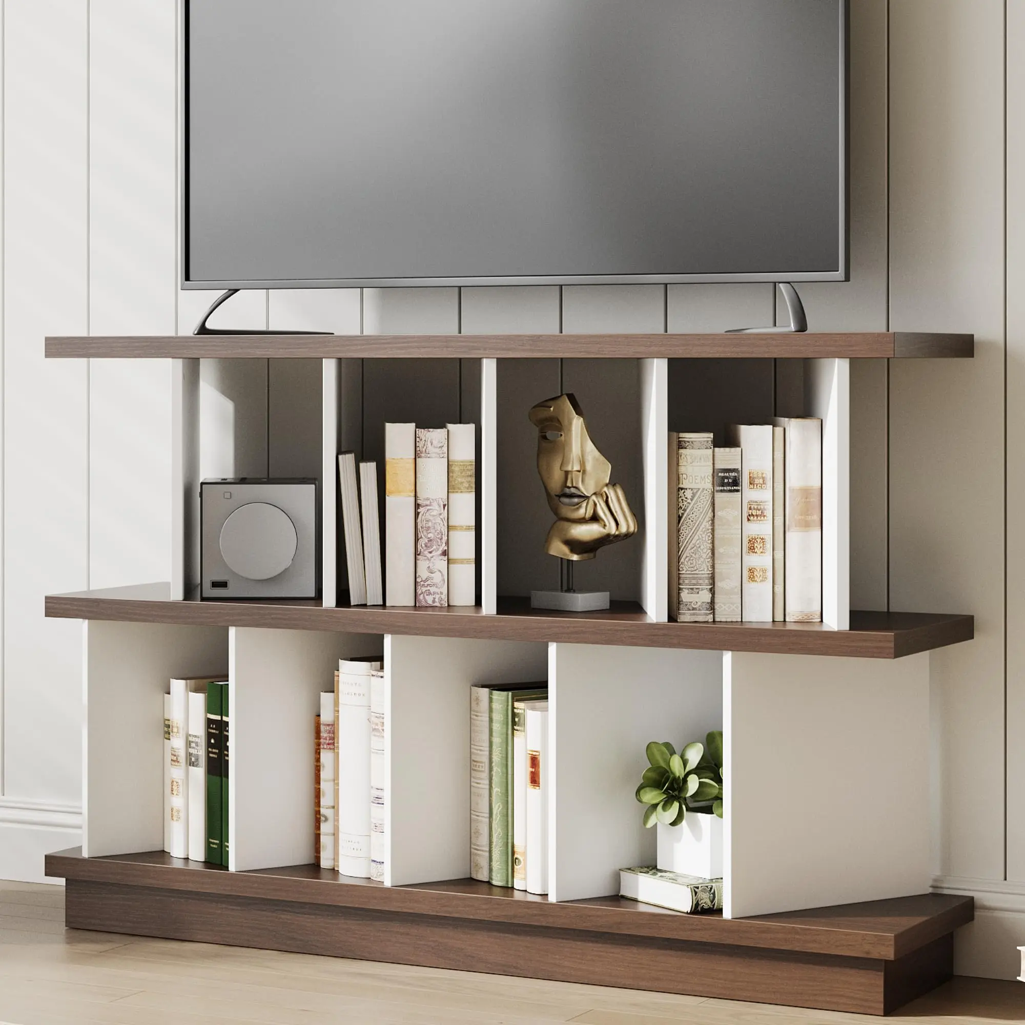 Garvee Farmhouse Horizontal Bookshelf - Wood 8 Cube Storage Organizer with Short Geometric Design, Space-Saving Display Shelves for Living Room, Nursery, Apartments in Walnut Finish