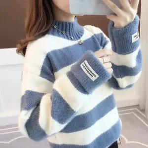 Sweater Women Turtleneck Pullover Jumper Stripe Thick Sweater Imitated Mink Wool Sweater Women Clothes Vestidos LXJ9005 Cotton Fit
