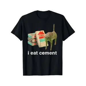 Humorous Cement Eating Cat Meme T-Shirt with Unique Design and Thick Fabric