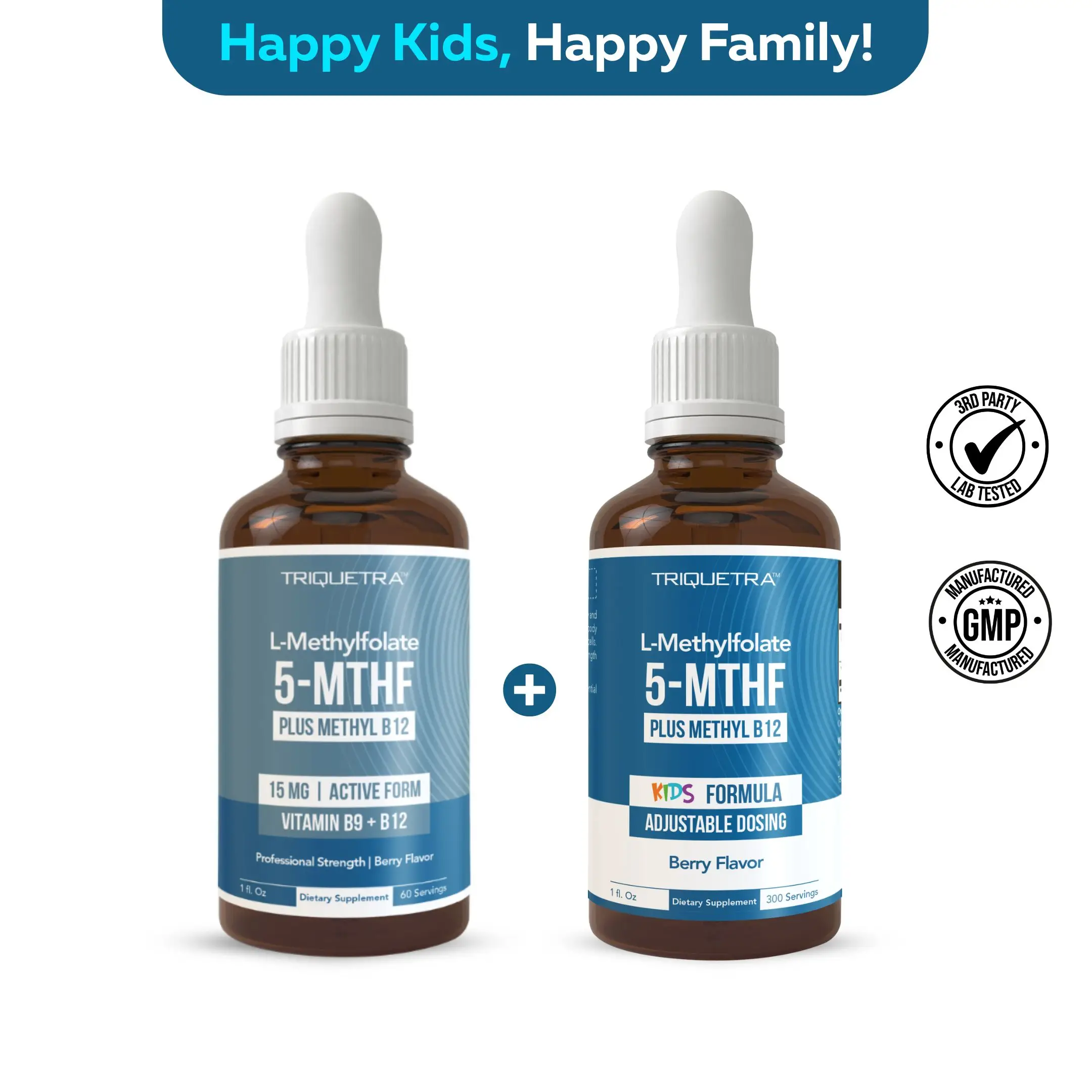 Triquetra Health Happy Family Bundle L-Methyl Folate 15mg & B12 Cofactor + Kids L-Methyl Folate | Organic Liquid Active Form with Enhanced Sublingual