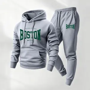 Men's Boston Printed Hoodie and Drawstring Sweatpants Set, Menswear, Casual Athletic Long Sleeve Hooded Jacket & Trousers for Fall & Winter, Men's Clothing for Daily Wear, Sportswear Indoor Outdoor, Tracksuit, Athleisure Summer Clothes