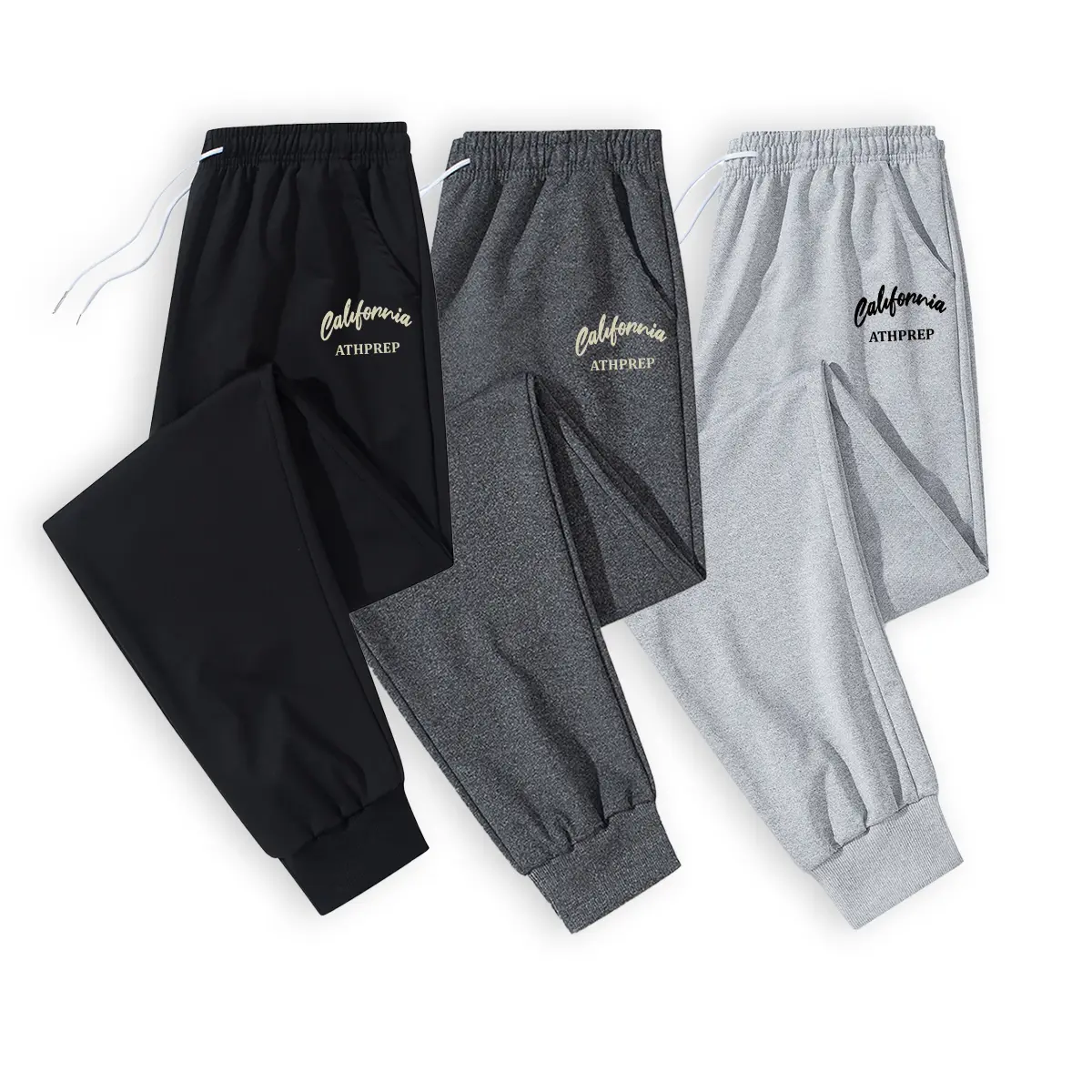 Men's High-Quality Fitted Tapered Elastic Mid-Waist Ankle-Length Sweatpants - Elegant Minimalist All-Seasons Casual Style, Distinctive "California ATHPREP" Graphic (Artistic Handwriting + Clean Athletic Typography), Floral Accents, Cold-Washable, Tapered,