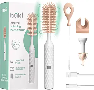 Büki Electric Baby Bottle Cleaning Brush Set - Rechargeable Electric Bottle Brush with Straw Cleaner - Water Bottle Cleaning Kit, Nipple Brush, 1200mAh Brush Cleaner (by Kindersense), Pink wash bottles easier e portable bottlebrush