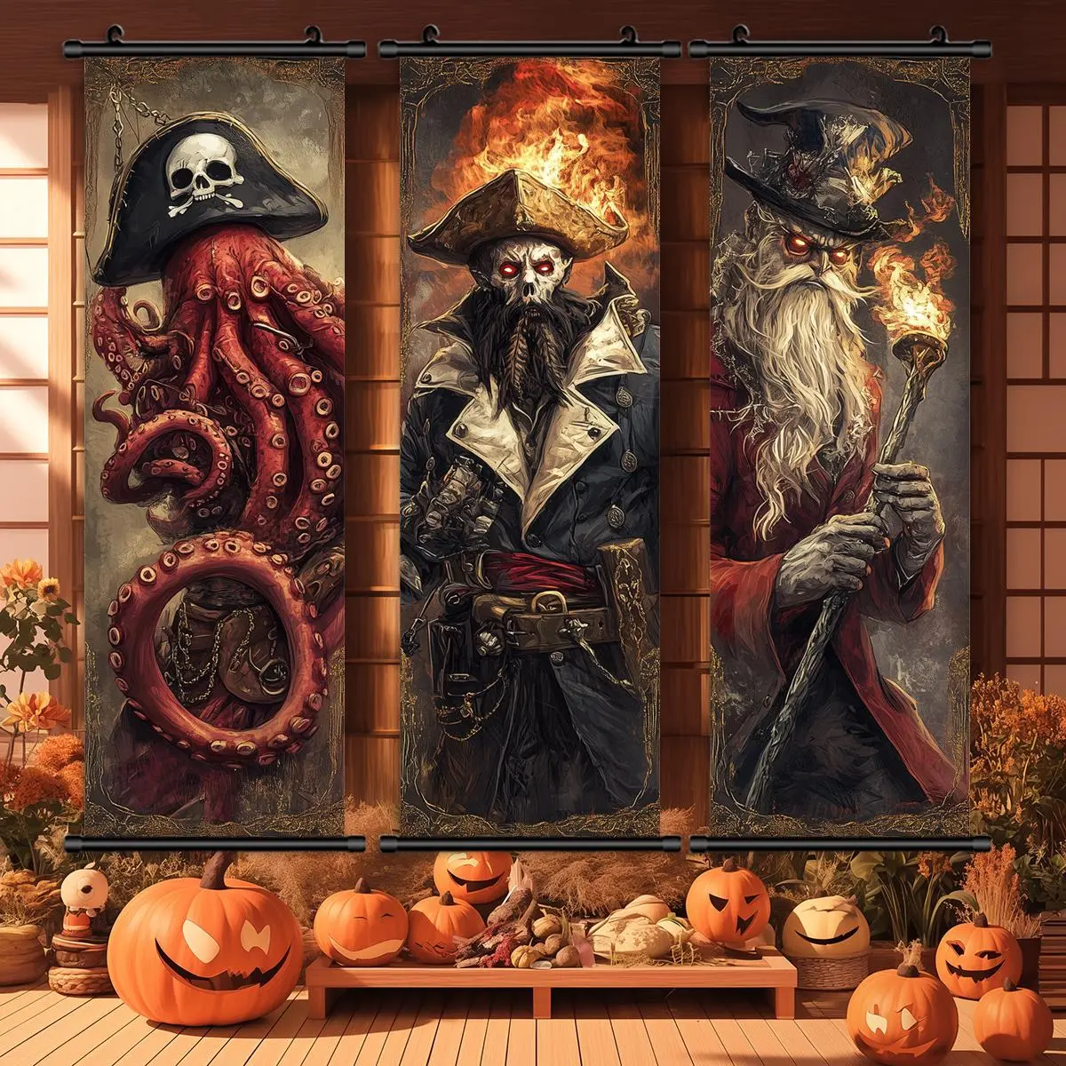 Halloween Hanging Banner, Party Decoration Banner, 3 Counts/set Retro Horror Skeleton Pirate Character Wall Decor, Scary Posters, Halloween Decorations, Room Decor