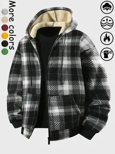 Men's Plaid Hooded Fleece Jacket, Warm Windproof Plaid Checked Outerwear, Fashionable Casual Wear for Daily Outings, School, Leisure Gatherings, Coats