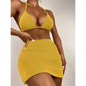 Swim Women's Summer Beach Solid Color Halter Neck Bikini Set With Skirt Cover-Up, 3pcs
