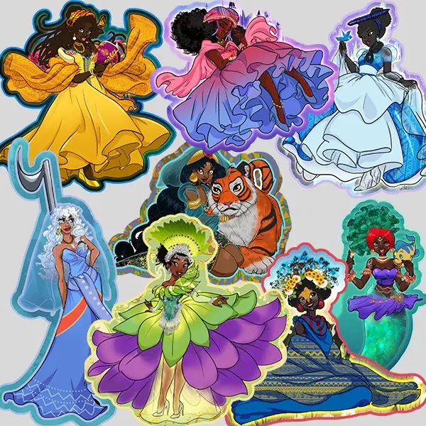 Afro Princesses Reimagined - Set of 8 Full Body Cartoon Princess Stickers