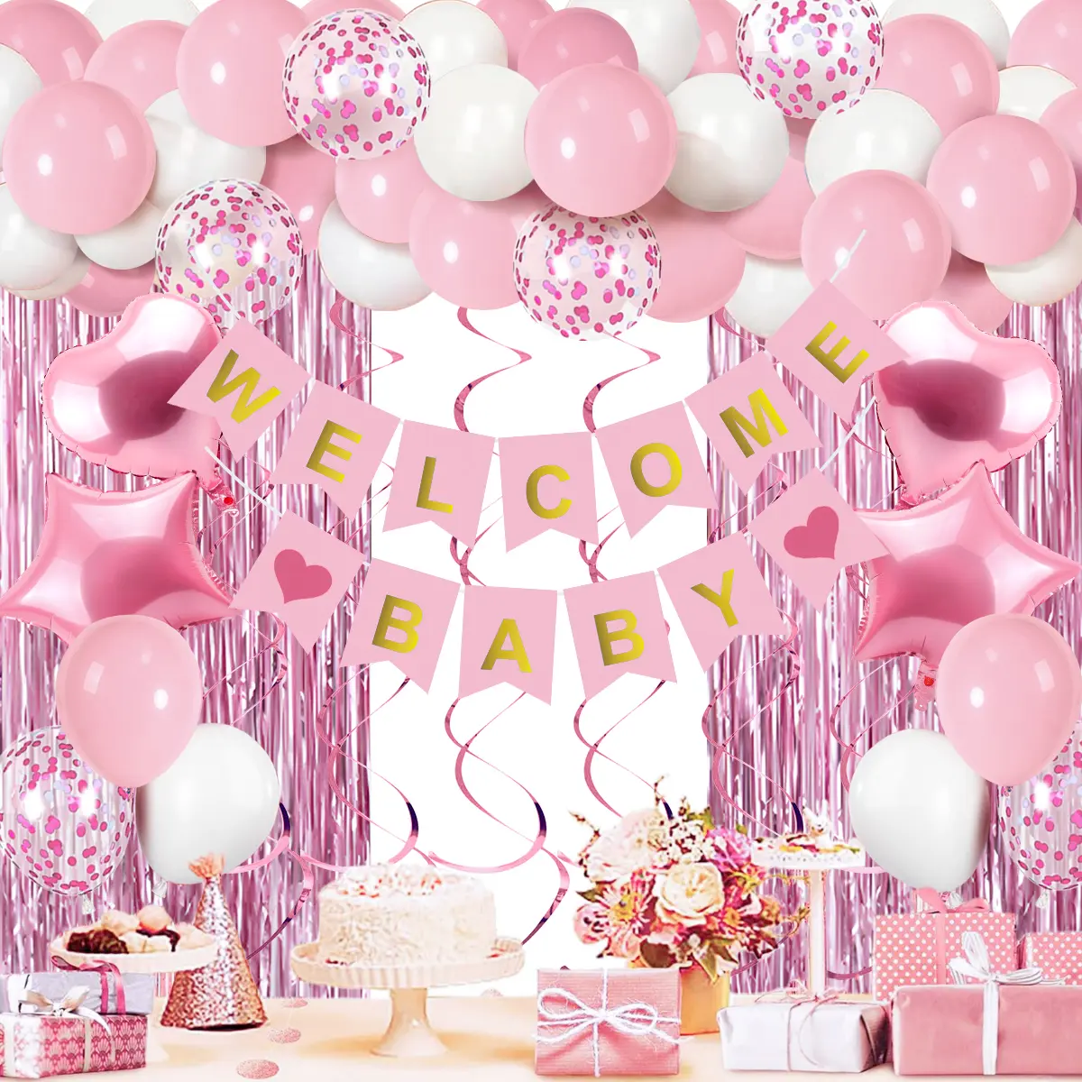 56 Pcs“Welcome Baby”Decoration—Baby Pink, featuring“Welcome Baby”banners, spiral garlands, balloons, a foil curtain with tassels, polka-dot stickers, and balloon chains. Perfect for baby gender reveal parties, baby birthdays, and maternity parties.