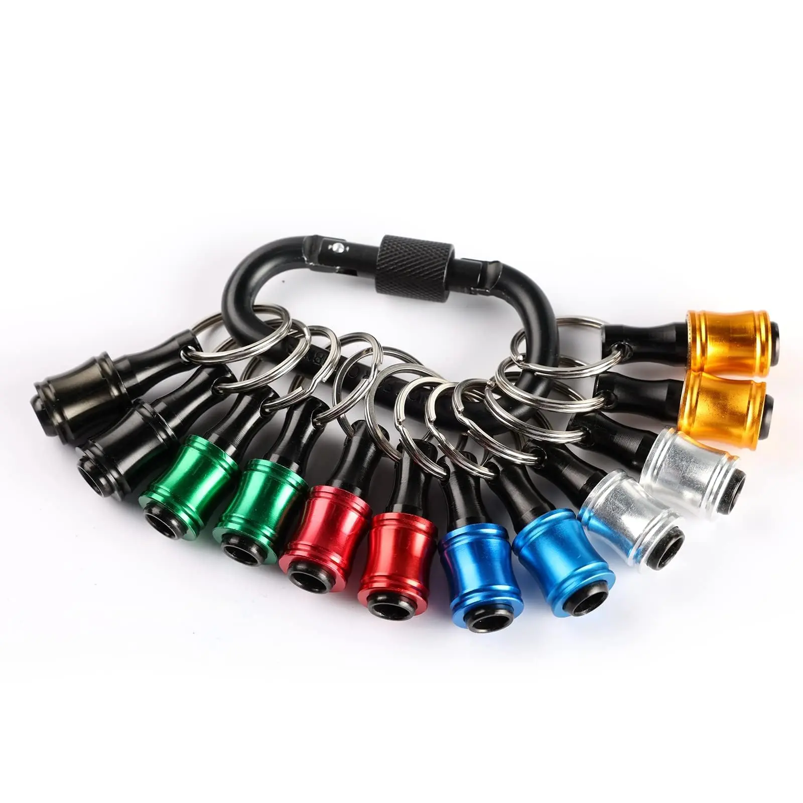 12pc Portable Bit Holder Keychain Tool with 1/4in Hex Shank, Black Carabiner, Easy Release Mechanism, Quick-Push Chuck/Pull Ring Release for Impact Drivers, Extensions, Nut Drivers – Organize Chucks & Drills, Construction Christmas Gift for Dads, Adults