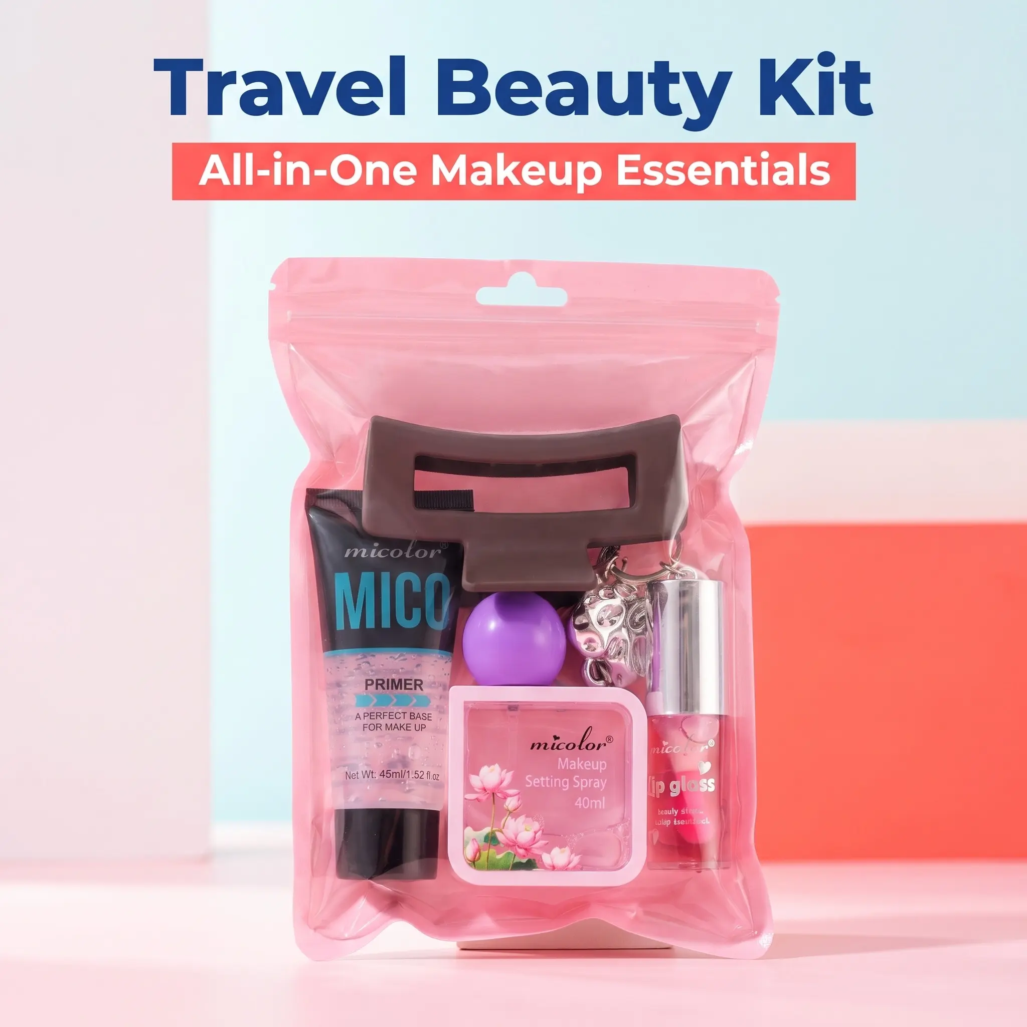 Teenage Girls' 4pcs Makeup Bundle Box - Alcohol-Free Cosmetic Face Kit with Oil-Control Pore Blur Daily Prep Primer, Setting Spray, Keychain Lip Gloss, Large Claw Clip, Matte Oil Formula Mini Size Aesthetic Teenage Girls Gifts Set