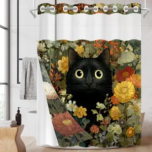1pc hookless shower curtain with snap fastener, black cat flower pattern 2D flat printing, fabric waterproof inner lining shower curtain with transparent window double-layer shower curtain, 71 x 74 inches, modern home curtain decoration, Bathroom Curtain