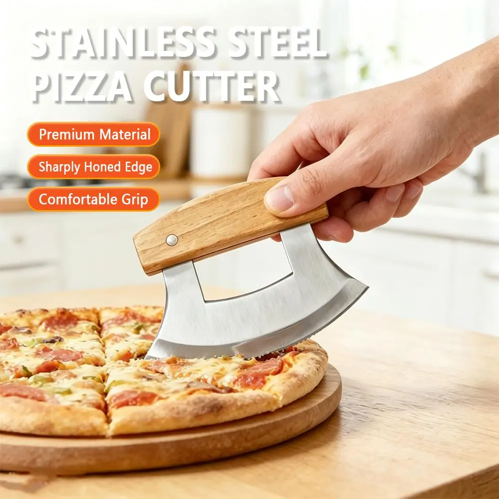 Stainless steel curved pizza cutter with wooden handle, multi-functional cheese and herb knife, ideal for home kitchen baking, vegetable cutting, handy kitchen tool, lazy person's kitchen gadget