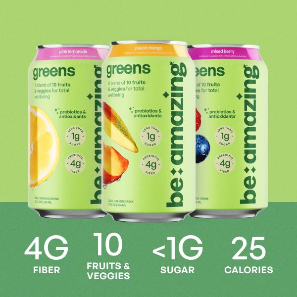 Be Amazing Daily Greens Drink 10 organic fruits & vegetables 4g of prebiotic fiber Raspberry Lime, Pink Lemonade, Pea
