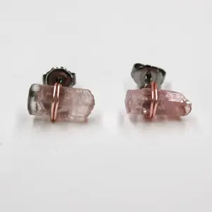 Pink Tourmaline Crystal Stud Earrings on Hypoallergenic Titanium Posts for Women
