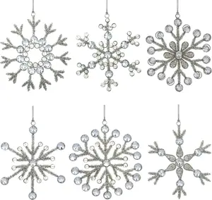 ShalinIndia Handmade Snowflake Iron & Glass Pendant Ornaments 9 Inches Set of 6 Elegant Hanging Decor for Home Party Decoration White Snowflakes for Festive Atmosphere
