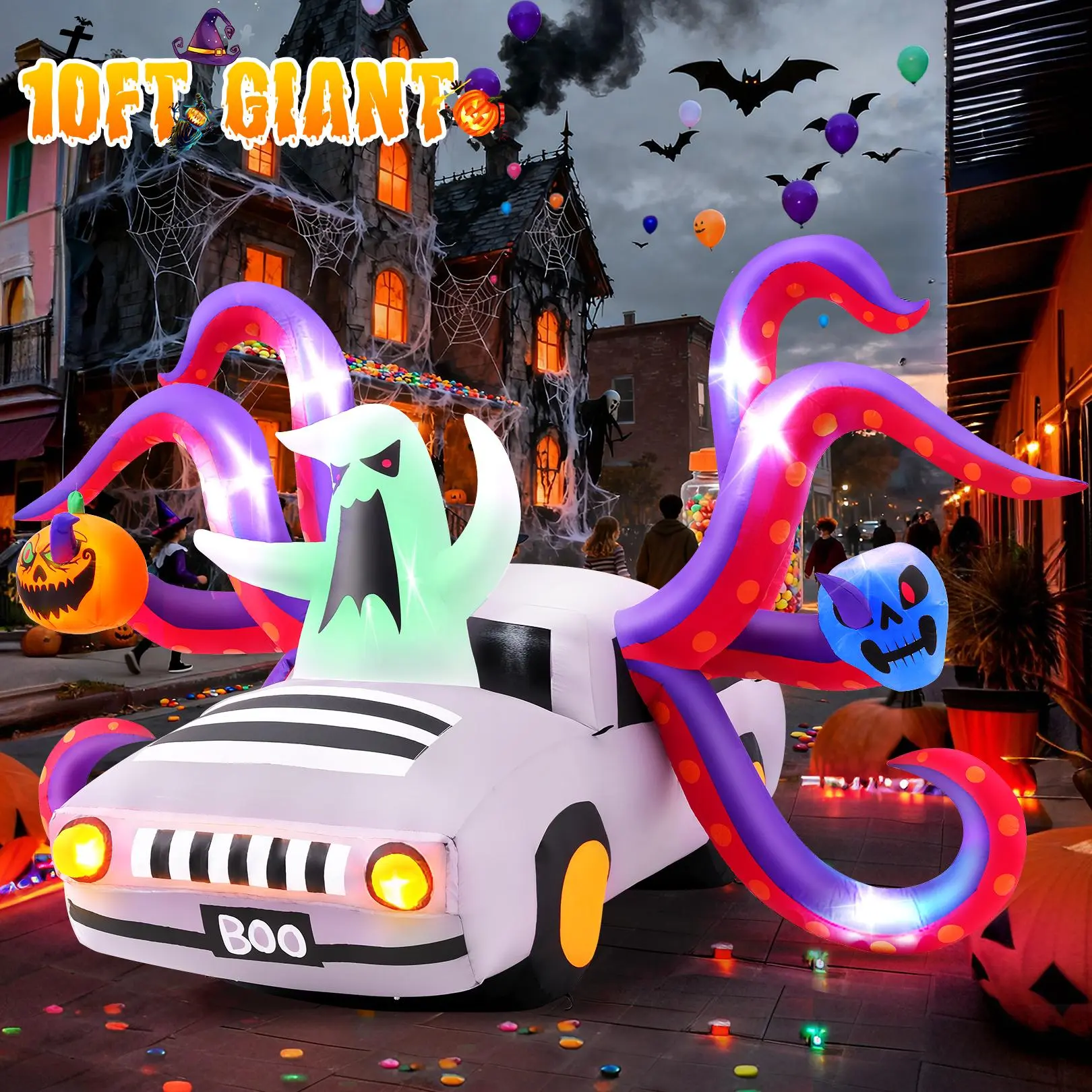 AKEYDIY 10ft Long Halloween Inflatable Octopus Car Decoration - Spooky & Scary Elements (Pumpkin, Ghost, Tentacle, Skeleton, Car) for Festive Atmosphere, Built-in LED Lights, Holiday Party Decor for Backyard/Lawn/Garden/Indoor