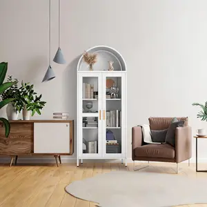 Garvee Metal Storage Cabinet, Modern Arched Cabinet with Glass Doors and 2 Adjustable Shelves. Freestanding pantry for kitchen, dining room and living room, 31" × 15" × 73", White