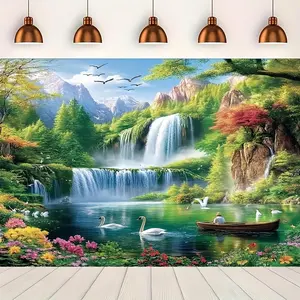 1PC Reusable 2D Flat Polyester Festival Door Banner, Natural Waterfall Landscape Design, Cross-Border Popular Home & Festive Party Supplies Backdrop for Birthday Decor