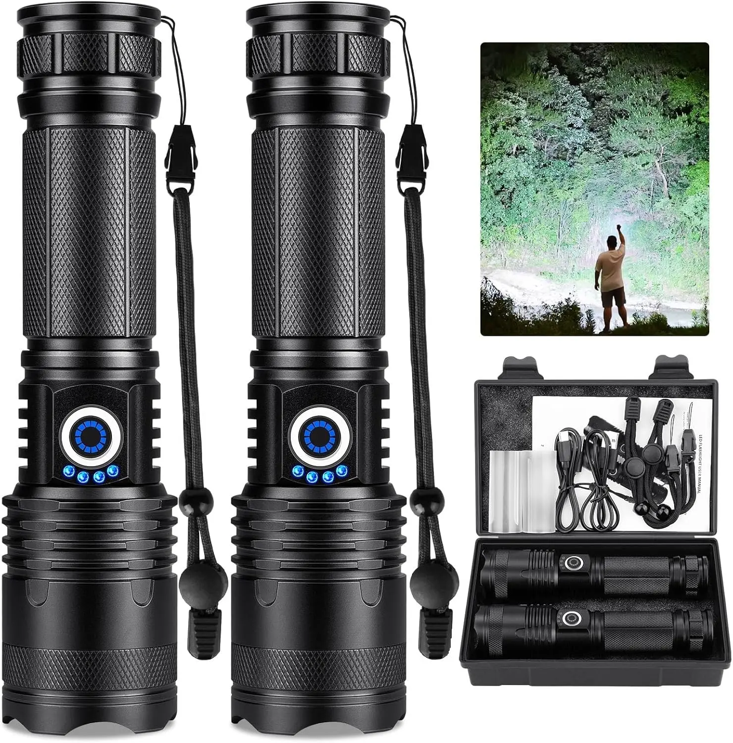 2 Pack Rechargeable LED Flashlights, Ultra‑Bright High Lumens Zoomable Tactical Flash Light, 5‑Mode Handheld Flashlight with LCD Digital Power Display, IPX Waterproof Powerful Linternas for Camping, Hiking, Home Emergency, Hurricane Survival