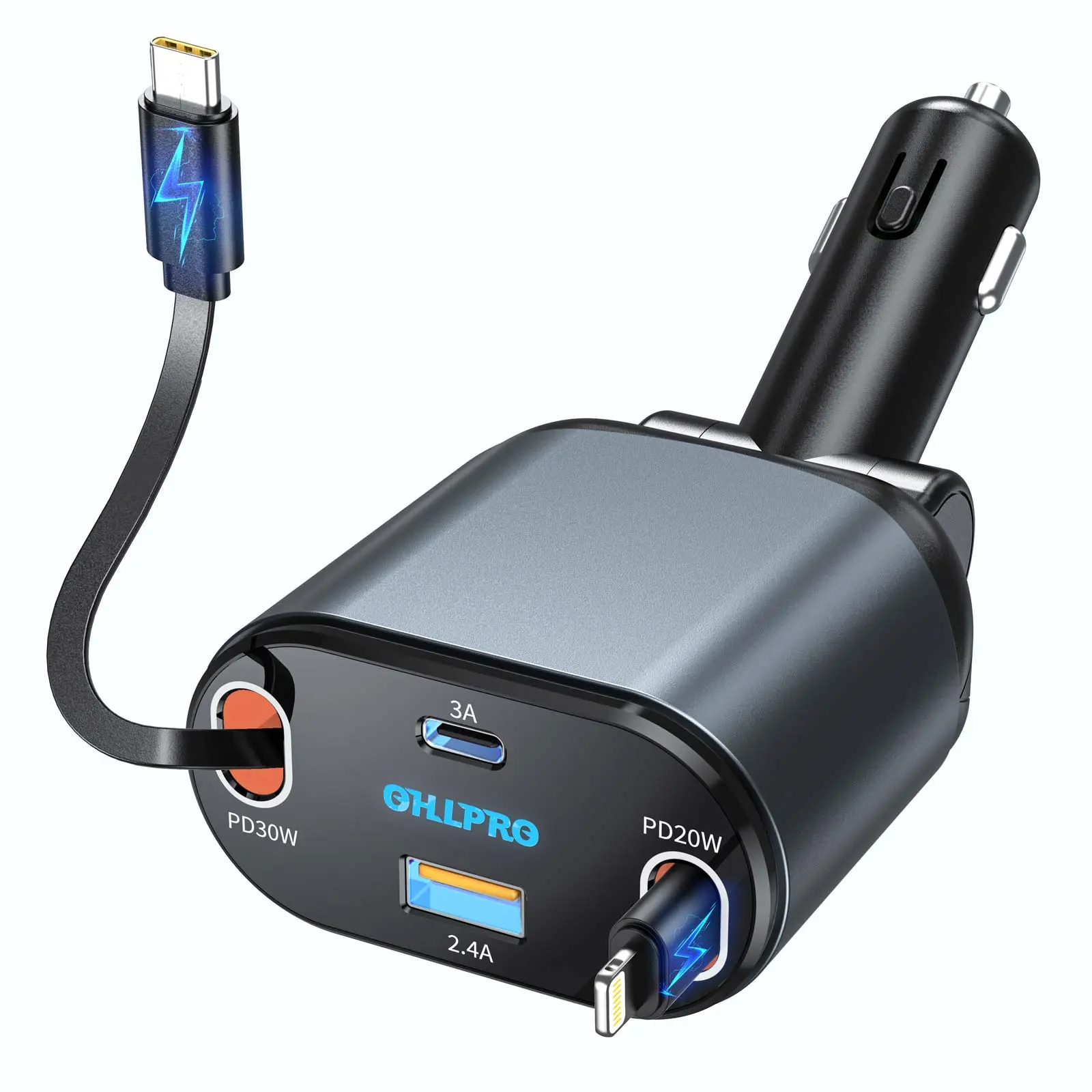 OHLPRO 80W Fast Charging 4-in-1 Compact Retractable Car Charger Adapter - Cars Accessories, Plug-and-Play Multi-Device Charger with Extra Thick Dual Type-C Cable, Dual Ports for iPhone Users (16/15/14/13 Series), Samsung (Black)