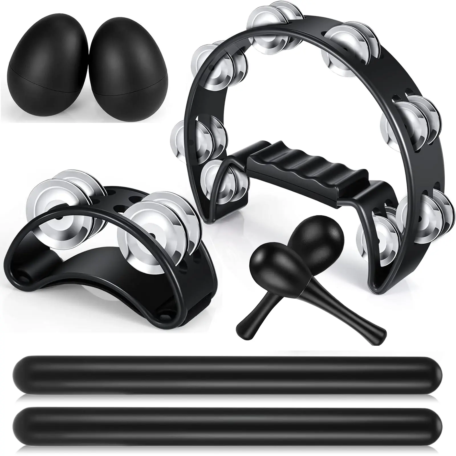 Adult Tambourine Set,Half Moon Tambourine,Rhythm Sticks,Handheld Bells Musical Instrument,Hand Percussion Set For Church, School, Party, Karaoke.8 Pcs,10 Pcs.