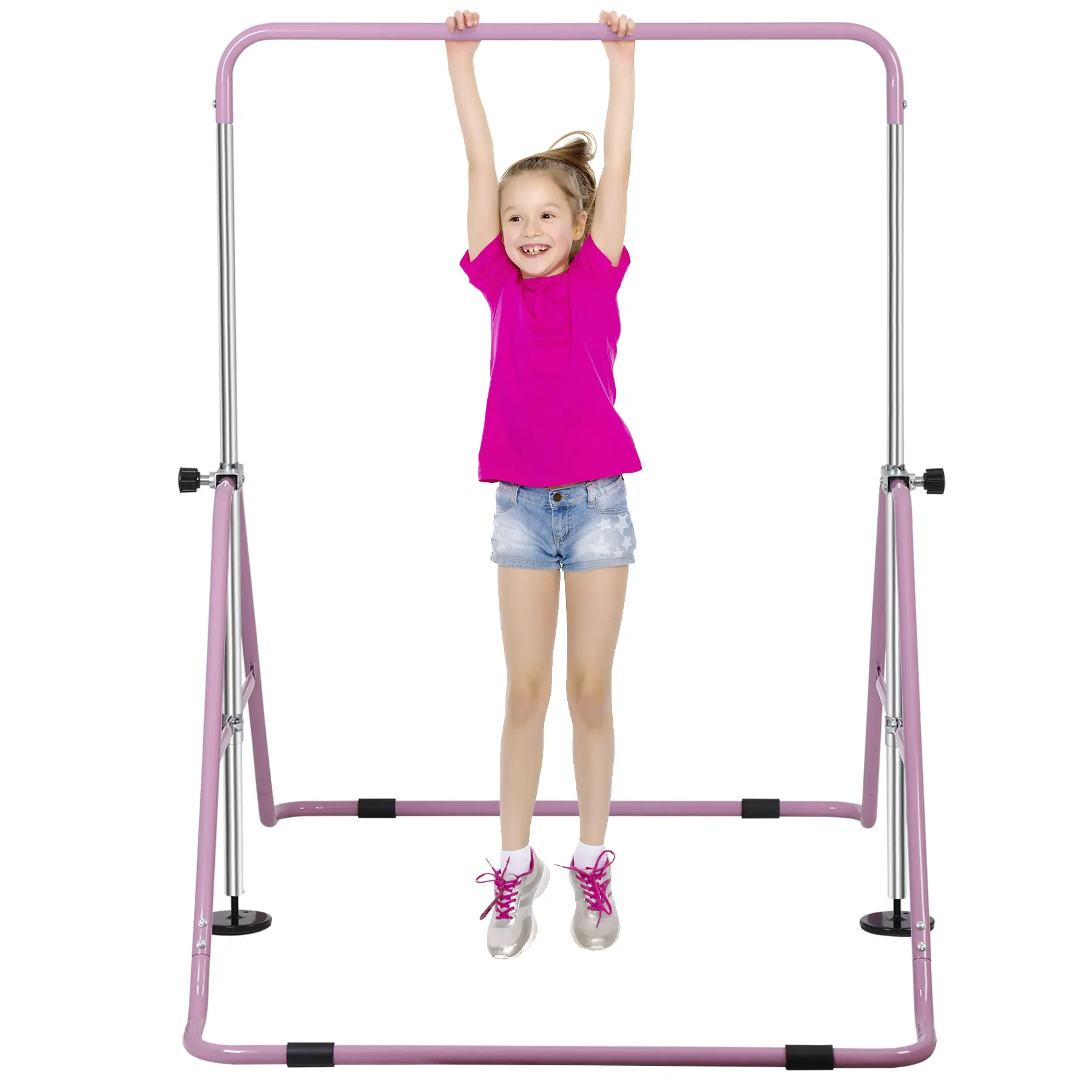 AnswerE Junior Gymnastics Bar for Kids & Toddlers, Expandable & Folding Steel Home Training Equipment with Triangular Base, Adjustable Height 35"-51", Pink, Rubber, Exercise Mat, Height Adjust, Stretching