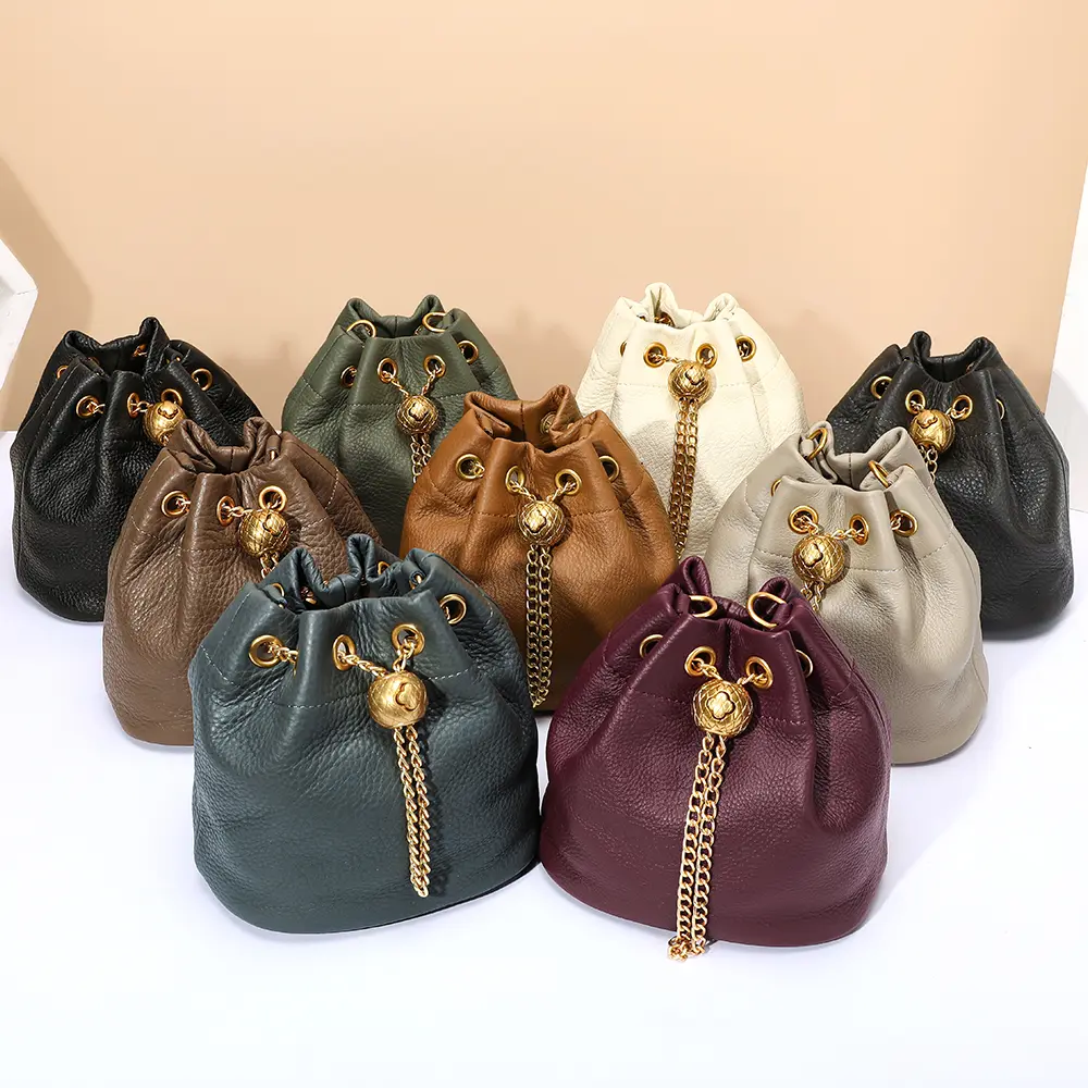 Women's Chic Bucket Bag in Genuine Cowhide Leather, Casual Shoulder Bag & Chain Crossbody with Gold Hardware, Chic Chain Crossbody