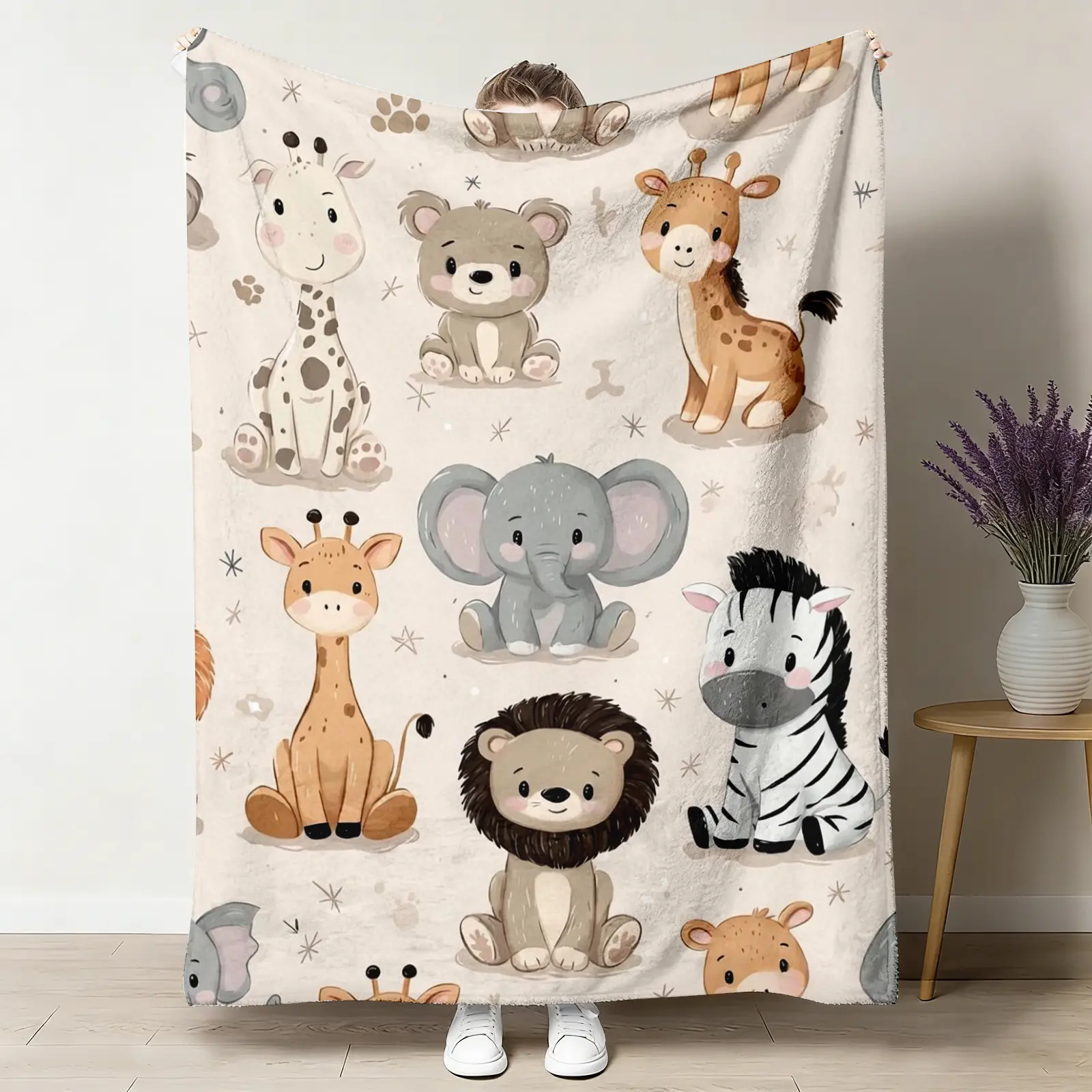 Safari Animals Flannel Plush Throw Blanket - Large, Oversized, Soft Cozy Warm, Watercolor Lion Elephant Giraffe Design, Neutral Nursery Crib Stroller Decor, Baby Shower Gift for Newborn Toddler, Large Blanket Throws, Oversized Blanket Throws
