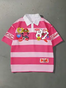 American Vintage Striped Polo Shirt, Oversized Loose Fit, Short Sleeve, Breathable Mesh Fabric, Casual Streetwear, Ideal for Sports, Man