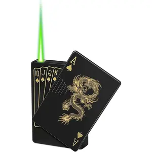 Non-hazardous lighter, Butane lighter,Jet Torch Lighter, Green Flame Dragon Card Lighter, Cool Poker Design Windproof Refillable Butane Lighter, for Outdoor, Indoor, Camping, BBQ, Candle, Birthday, Gift (Without Gas)