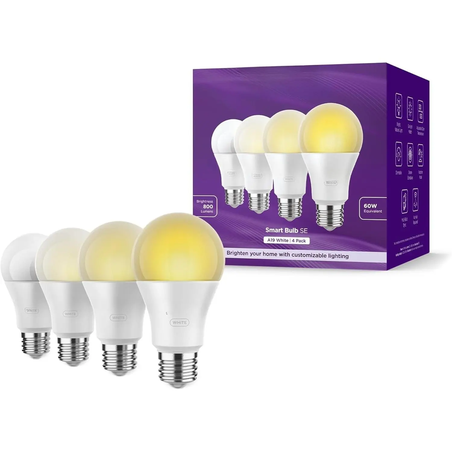 4-Pack Smart A19 Bulbs - Smart Home Controls Light Controller, WiFi-Enabled, Dimmable Indoor Use Lighting, Voice Control via Alexa & Google Assistant, Temperature & White Multicolor Adjustment, No Hub Required