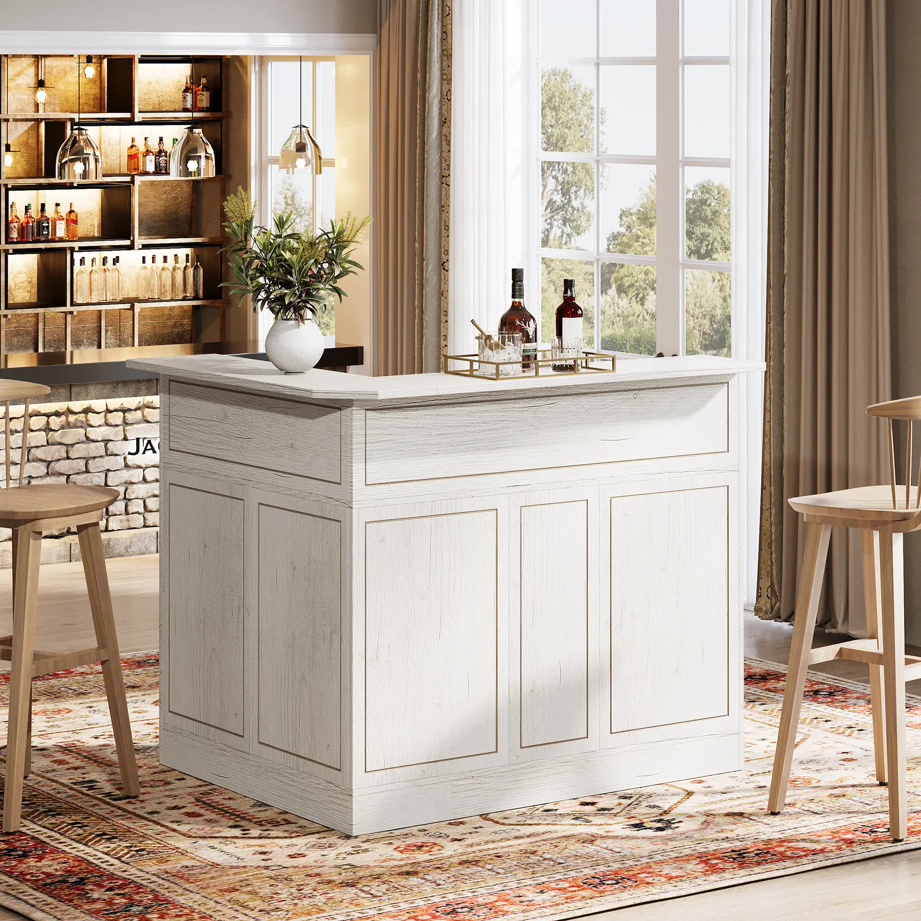 LITTLE TREE Bar Cabinet, L-Shaped Home Bar Table with Stemware Racks, 4-Tier Corner Bar Unit Liquor Wine Bar Table Reception Desk for Home Pub