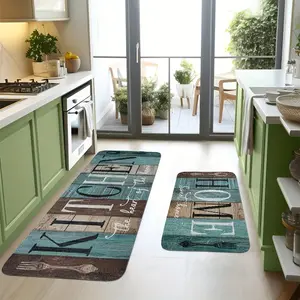 [Soft Kitchen Mat] 2/3pcs Soft Machine Washable Farmhouse Kitchen Mat Set: Green, Brown and Teal Kitchen Rugs, Rectangular | Suitable for Kitchen, Bathroom, Bedroom, and Living Room