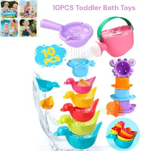 10PCS Toddler Bath Toys for Kids 1-3 Mold Free Stacking Cups Bathtub Pool Water Toys Multi Color Shapes birthday gift mother