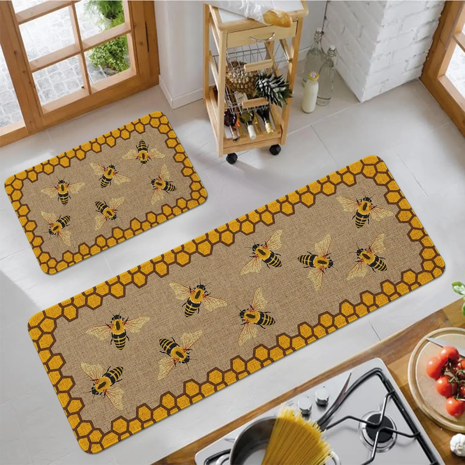 Geometric Bee Pattern Kitchen Runner Rug Set, Square Printed Carpet for Living Room Sofa Bedside, Home Decor, Household Decorative Rug, Decorative Area Rug Mat, Multiple Sizes Available, Washable Rugs