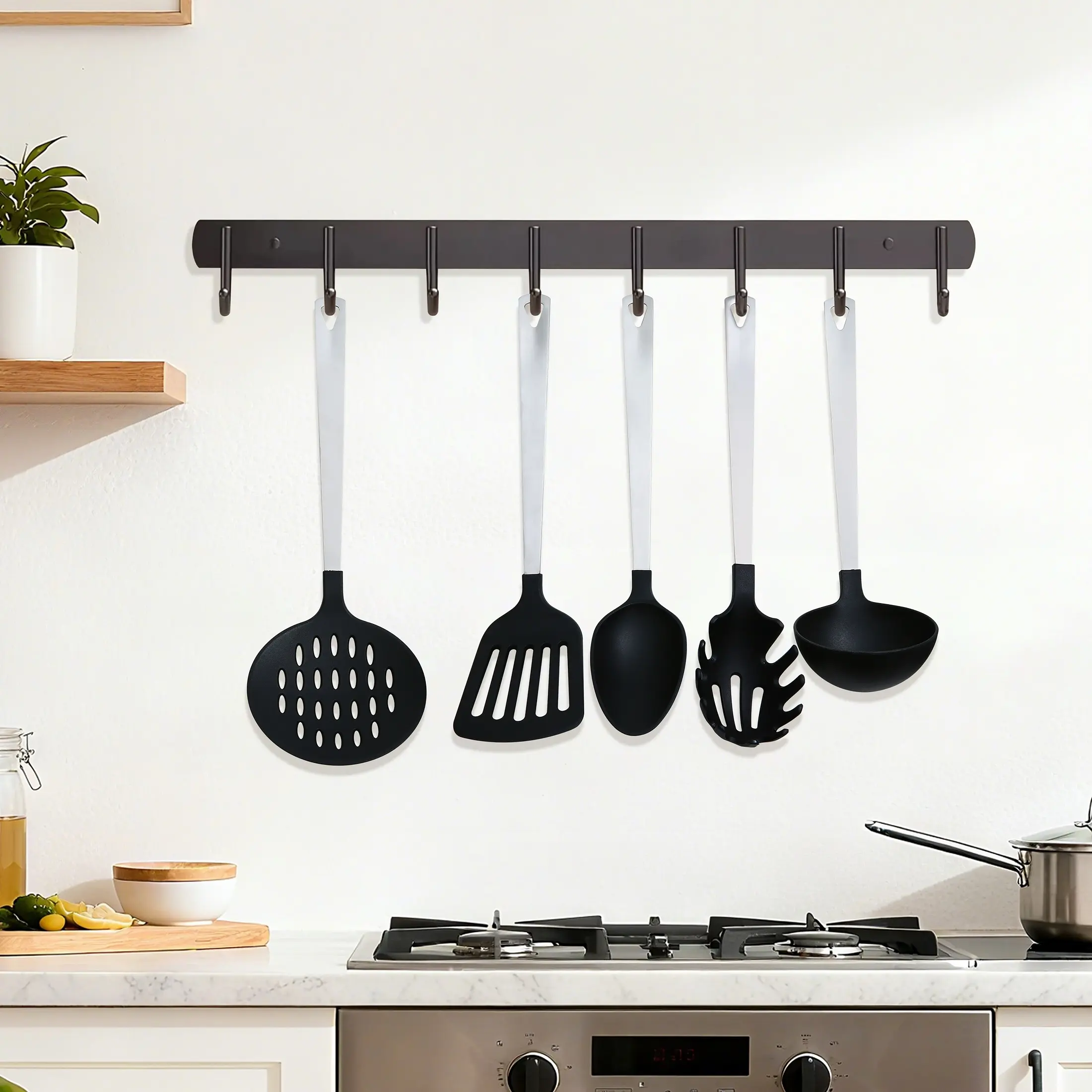 Mainstays Stainless Steel and Nylon Kitchen and Cooking Utensil Set, Spoon, Spatula, Ladle, Pasta Spoon and Skimmer Assorted Colors