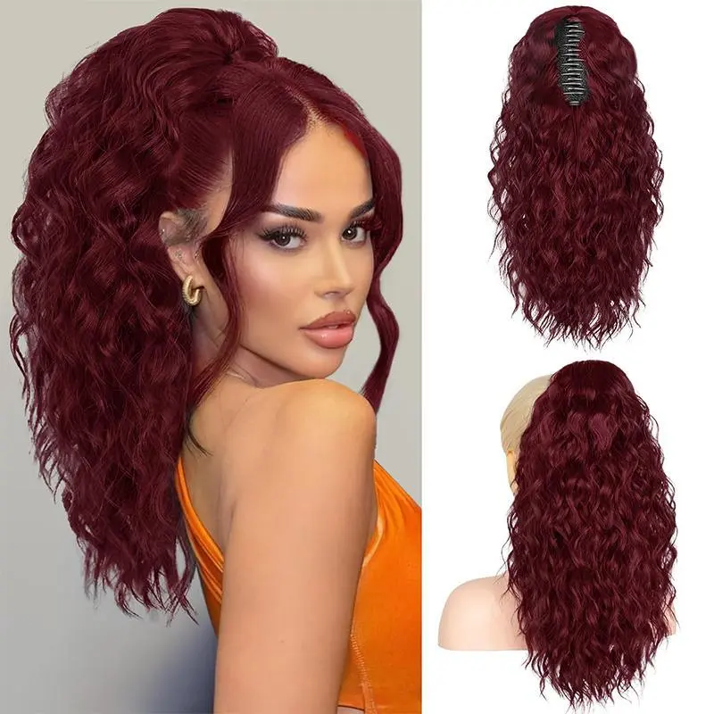 18 Inch Water Wave Clip in Ponytail Hair Extensions Medium-Length Fluffy Curly Claw Ponytail for Women Synthetic Wave Horse Tail Hairpiece Daily Use