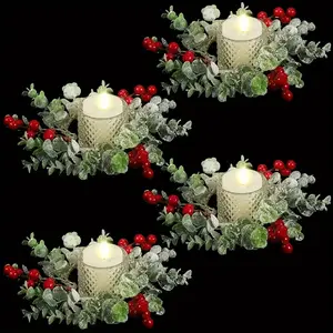 Classic Mini Wreath Candle Holders Set, Decoration Items, Durable Plastic Winter Wonderland Design, Perfect for Christmas & Weddings