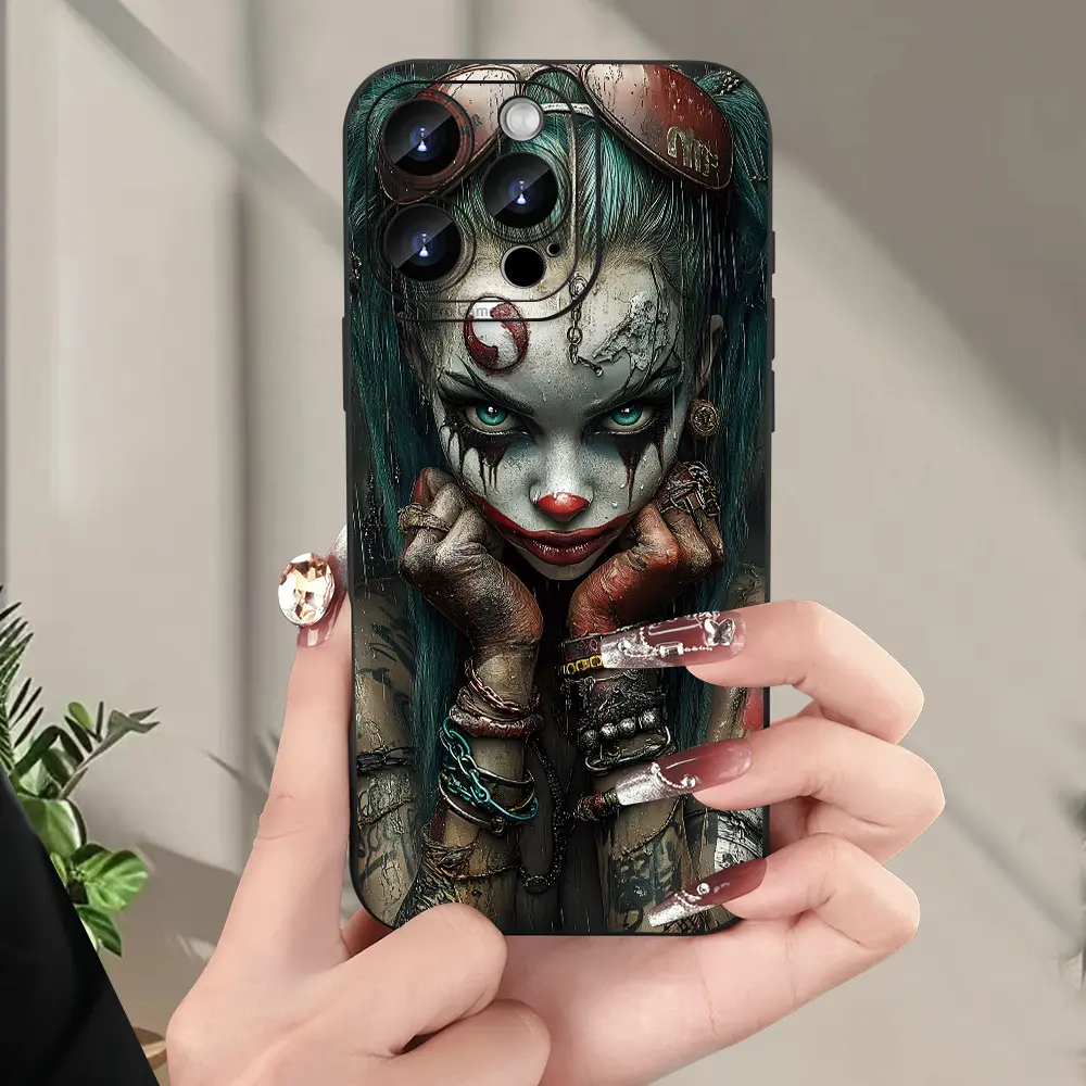 Dark aesthetic clown girl pattern, provides comprehensive camera protection, has anti-impact, anti-drop, anti-fingerprint functions, suitable for iPhone 16 E/15 Pro Max 14 Plus 13/12/11/Samsung Galaxy S22/S23/S24/S25 Ultra FE Plus black mobile phone case,