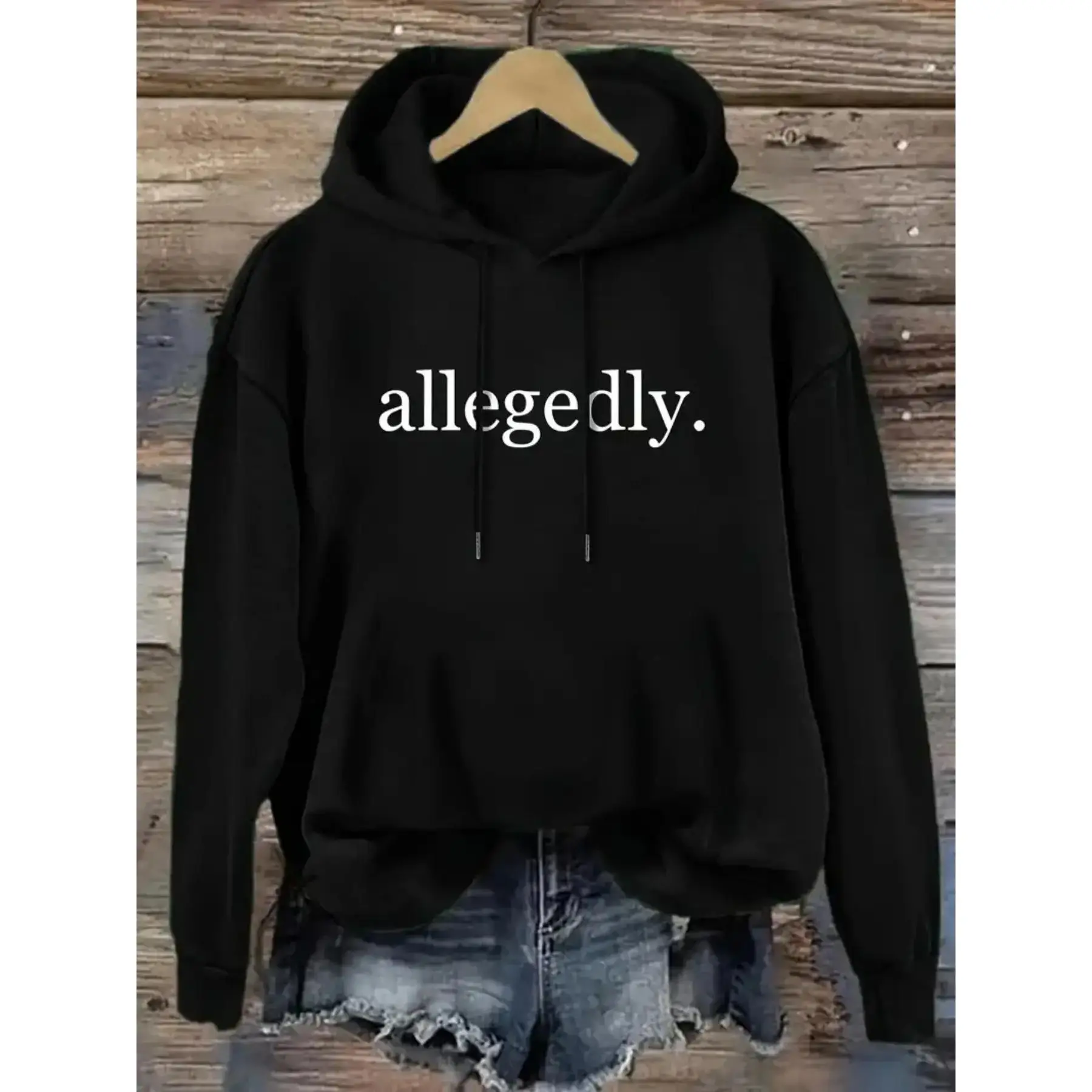 Women'S Oversized Hooded Sweatshirt with "Allegedly" Letter Print - Soft Mixed Fabric Pullover, Adjustable Drawstring Hood & Front Pocket, Machine Washable Winter Warmth, Casual Streetwear Sweater for Fall/Winter, with Text (Regular Fit) - Versatile