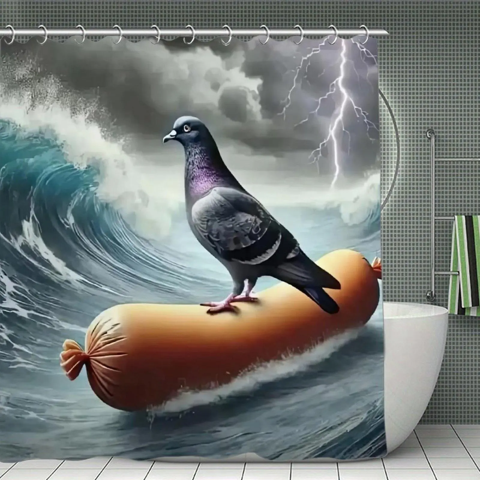 Waterproof Surreal Pigeon Floating On Sausage Storm Ocean Print Shower Curtain - Plastic, Stainless Steel Hardware Included, Funny Unique Bathroom Decor for Bathtubs, Window-Compatible