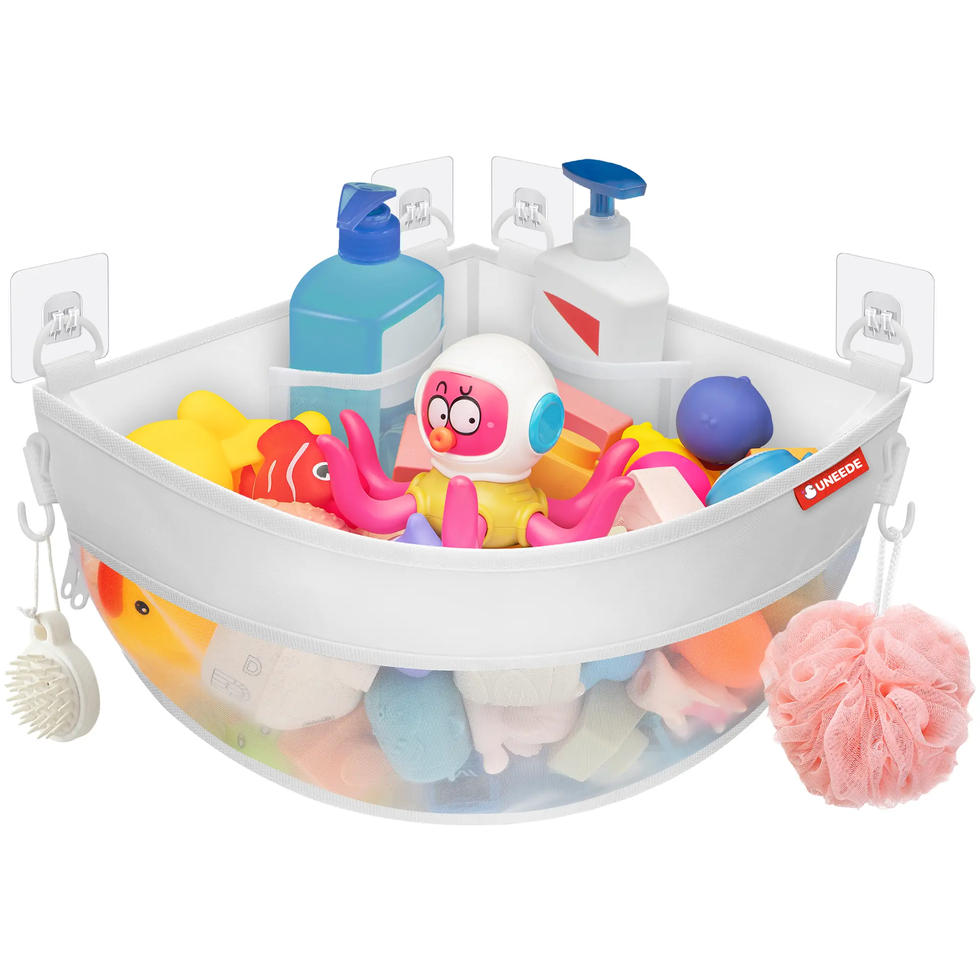 UNEEDE 4.32 Gallons Corner Mounted Bath Toy Storage Holder,Bathtub Toy Storage Organizer,Mesh Shower Caddy for Bathtub Toy Organizer and Storage,Quick Dry Bath Toy Organizer,Bath Toy Holder