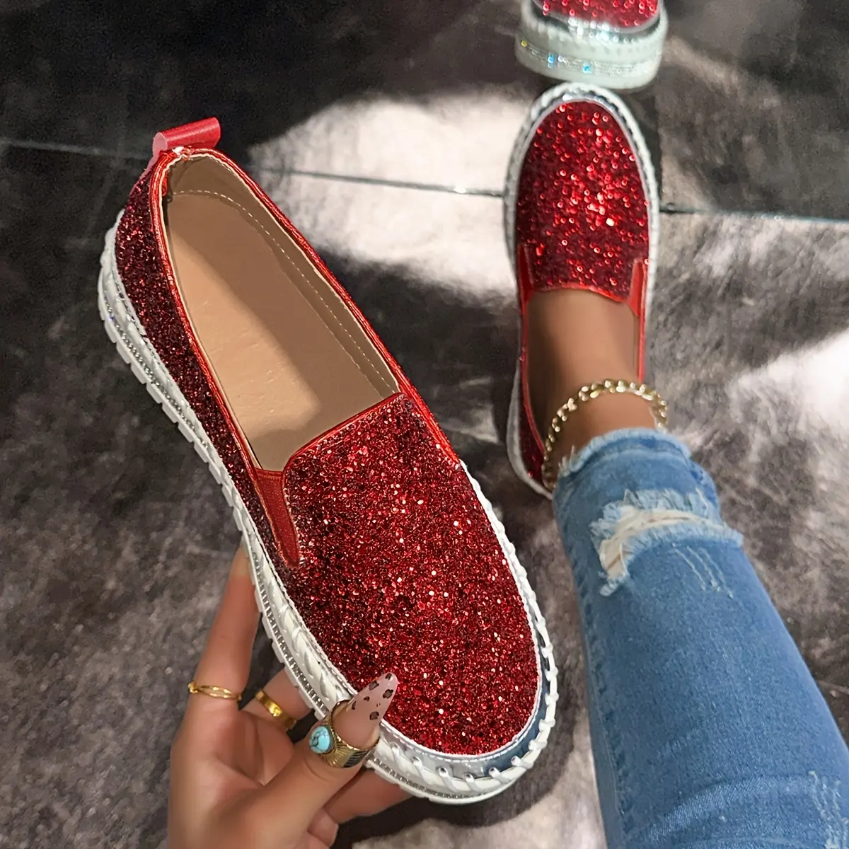2026 Trendy Thick Sole Platform Loafers with Sparkling Rhinestones Womens Slip On Casual Shoes Comfortable Outdoor Walking Stylish Fashion Sneakers Everyday Gym Stable Versatile Stretch Minimalist Style" daily