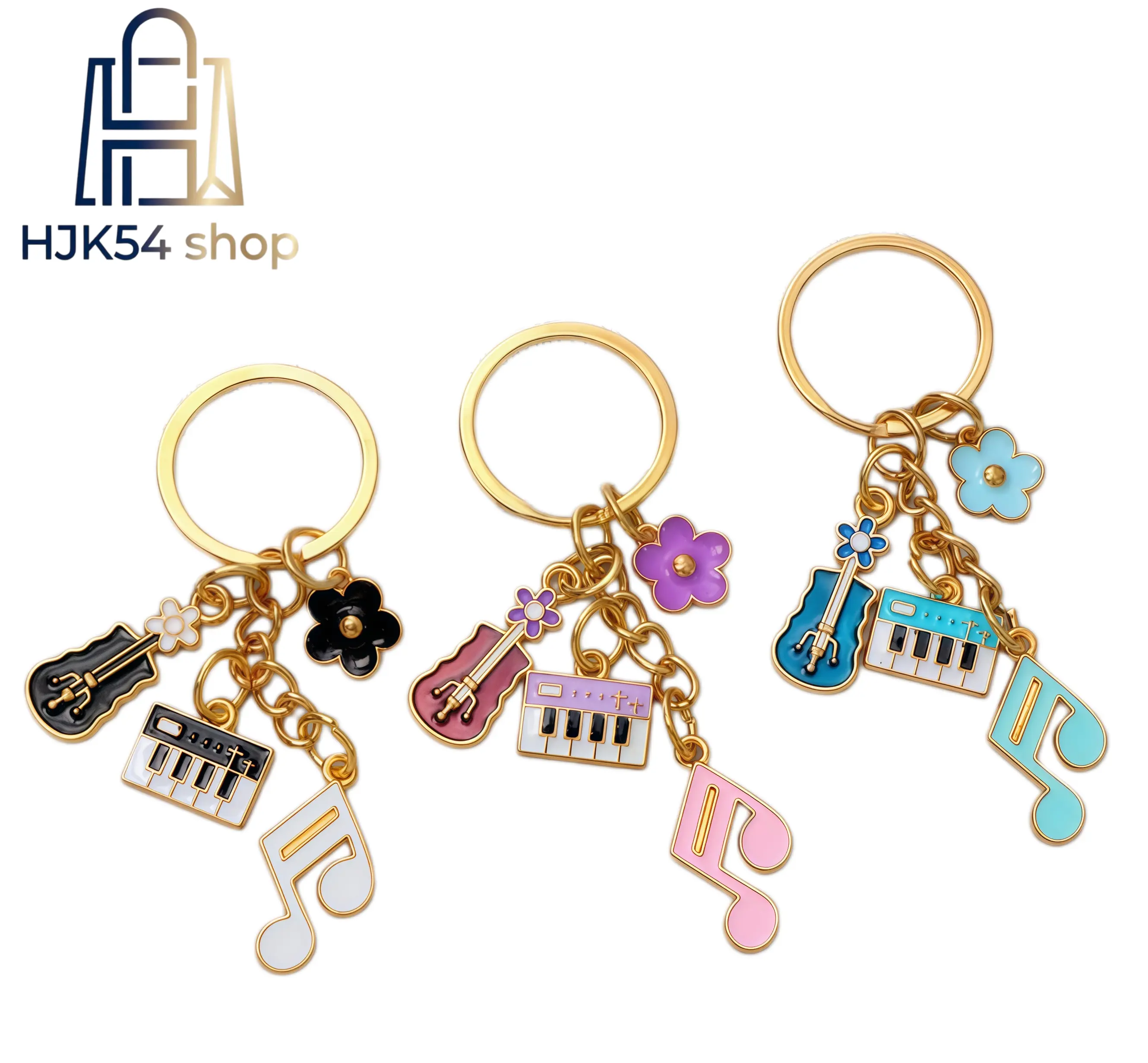 3PCS Multipack Music Instrument Enamel Keychains - Cute Guitar, Piano Note Key Rings with Gold-Plated Colorful Flower Charms, Thoughtful Gifts for Music Lovers, Bag & Purse Fashion Costume Jewelry Accessories, No Warning Applicable, Bag Charm Styling, Gif