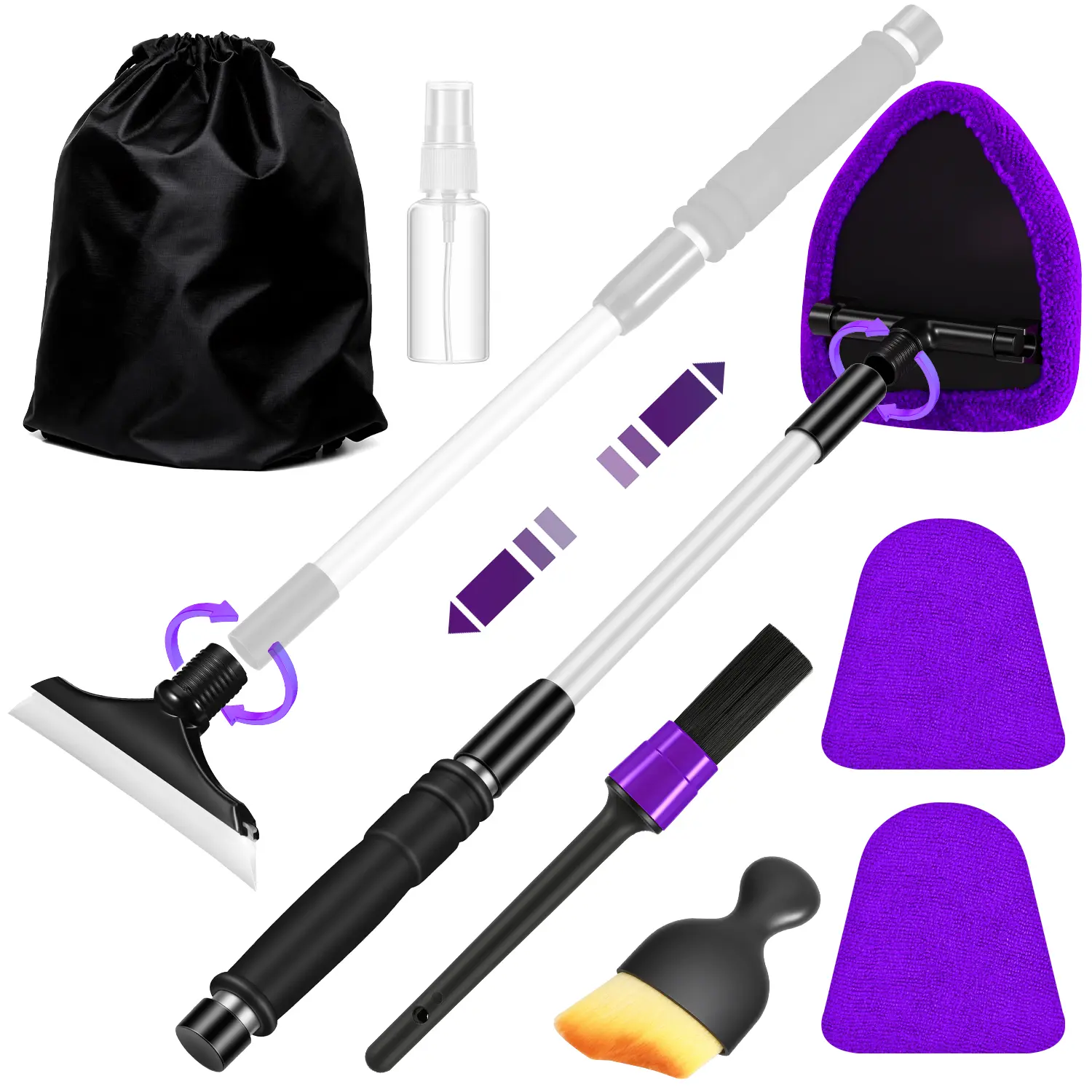 【summerfinds】Windshield Cleaner Tool, Car Interior Cleaning Kit with Extendable Handle and 3 Reusable Microfiber Pads, Auto Glass Wiper and Detailing Brush Kit for Car & Home Window, Purple，Summervibes