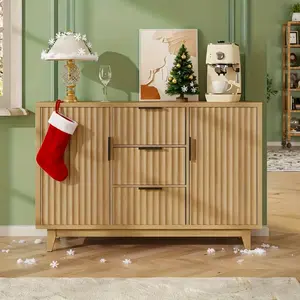 Vabches 47.2" W Storage Cabinet with 3 Drawers, Fluted Buffet Cabinet with Storage, Large Sideboard Cabinet with 2 Door, Modern Mid Century TV Stand Coffee Bar Cabinet for Living Room, Kitchen, Entryway