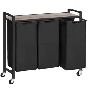 HOOBRO Laundry Sorter 3 Section, Laundry Hamper with Wheels, 43.4L Rolling Laundry Basket, Pull-Out Oxford Fabric Laundry Bags, Greige and Black