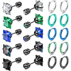 FIBO STEEL 10 Pairs Stainless Steel Back Earrings Set for Men Women Hypoallergenic Stud Earrings Huggie Hoop Earrings Multicolor Piercing Jewelry